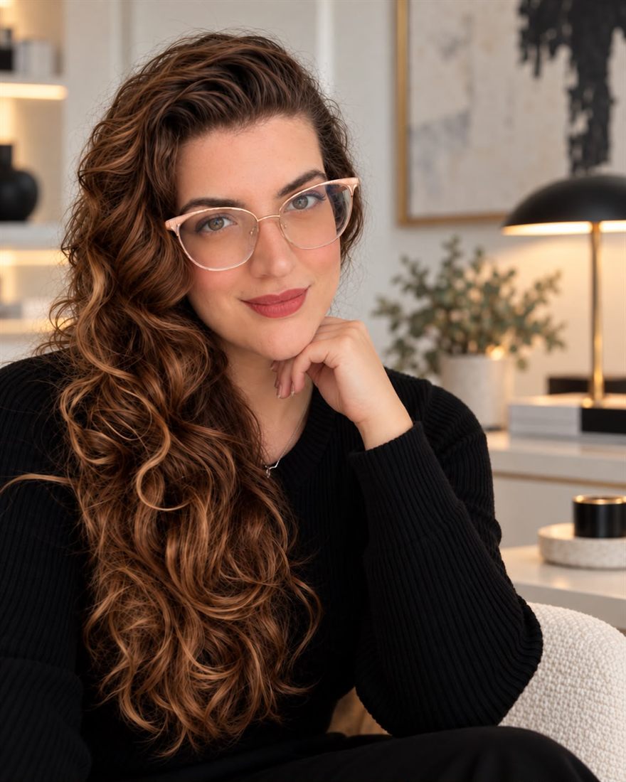 Gabriela Stark, fundadora da Stark Customer Growth, sorrindo com a mão apoiada no queixo, de óculos e blusa preta, num escritório de luz quente.